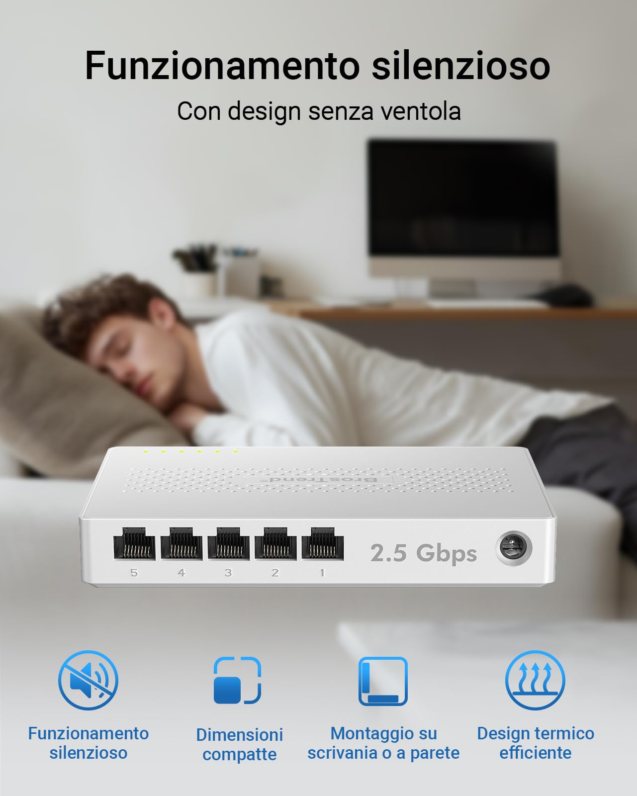 BrosTrend 2,5Gb Switch Ethernet 5 Porte, Unmanaged, Garanzia a Vita | Switch Ethernet 2.5 Gigabit, Sdoppiatore 2,5G Hub, Plug e Play, Senza Ventola, Ideale per Casa/Rete Soho, Desktop O A Parete