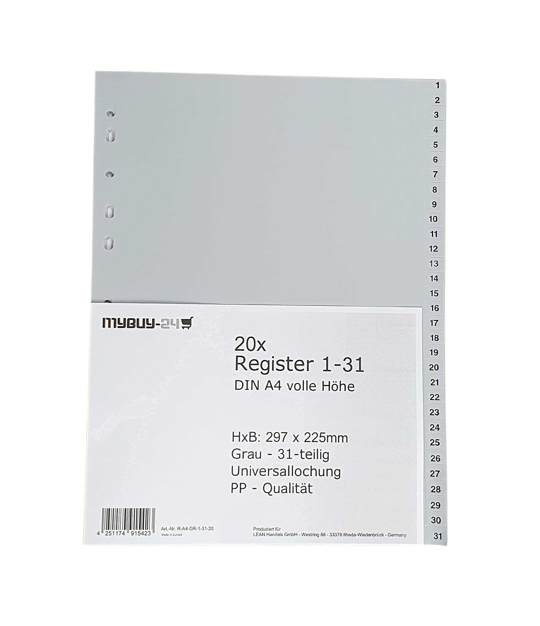 20er Sparpack Register 1-31 A4, volle Höhe, Universallochung PP Kunststoff grau 297 x 225mm Trennblätter Ziffern 1 - 31