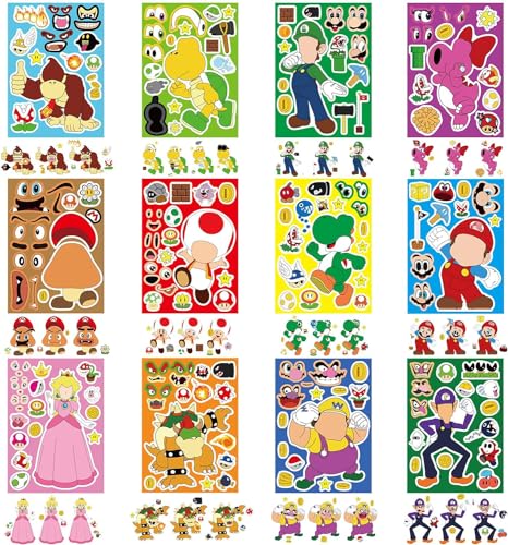 Image of 36PCS Mario Make a Face Stickers, DIY Mario Party Supplies Favors Make Your Own Stickers Mixed and Matched with Different Designs Characters for Birthday Gifts Class Reward Book Decor