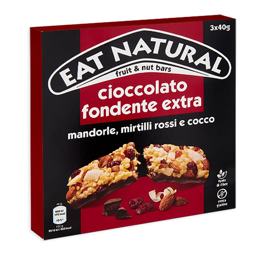 8X Eat Natural Barretta Cioccolato Fondente Extra, Mandorle, Mirtilli Rossi e Cocco, Senza Glutine (Gluten free) 120g
