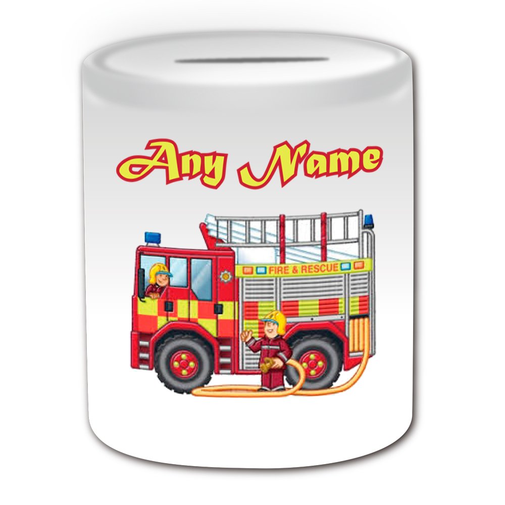 Personalised Gift - UK Fire Engine Money Box (Transport Design Theme, White) - Any Name / Message on Your Unique - Saving Piggy Bank - Truck Vehicle Fireman Fighter Emergency Services 999 Driver Automobile Apparatus Appliance Firefighting Firefighter