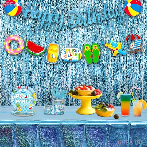 Image of Wavy Blue Streamers Party Backdrop - GREATRIL Fringe Curtain for Pool Party /Birthdays /VBS /Beach /Under Sea - 3.2ft X 6.5ft - 2 Packs