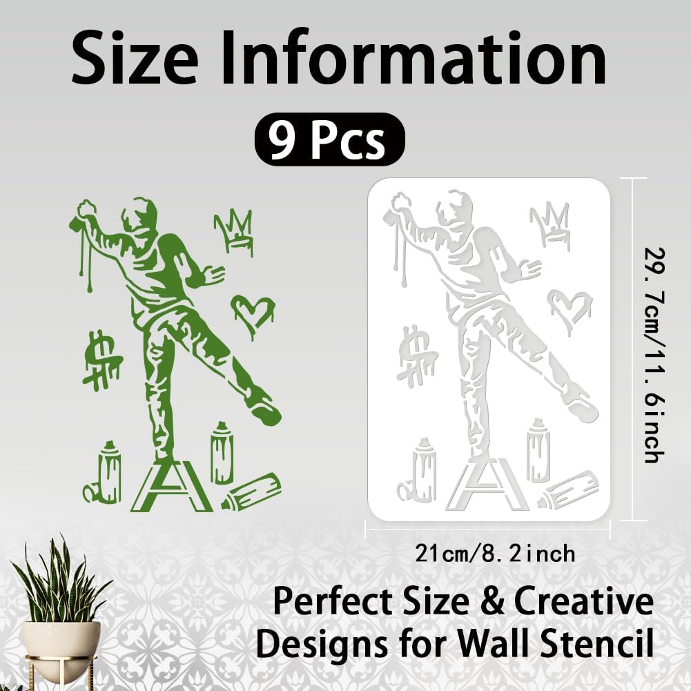 9pcs Banksy Wall Stencil Set 11.6X8.2 Reusable Street Draffiti Stencil for Painting Banksy Style Pattern Art Stencil for Drawing on Wall Tile Canvas Furniture Paper