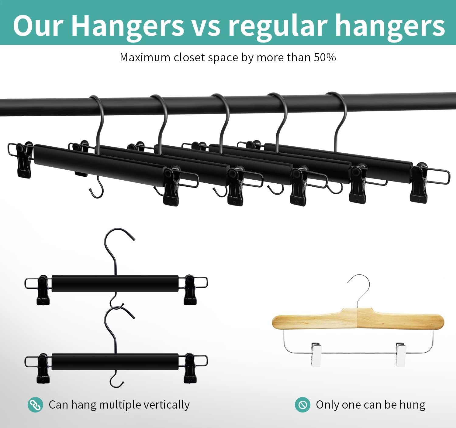 Black Wooden Hangers for Pants and Skirts - 10 Pack, Premium Quality Noise Reduction Coated Hook, Durable Two-Way Sure Grip Clips, Closet Organization, Non-Slip & Space Saving