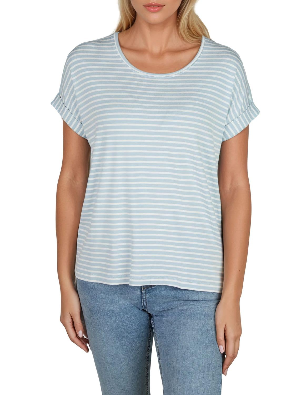 Only Top da donna con scollo rotondo, confezione da 2 pezzi, basic a maniche corte, scollo rotondo, vestibilità normale, estivo, a strisce, blu, rosa, verde, nero, XS, S, M, L, XL, XXL