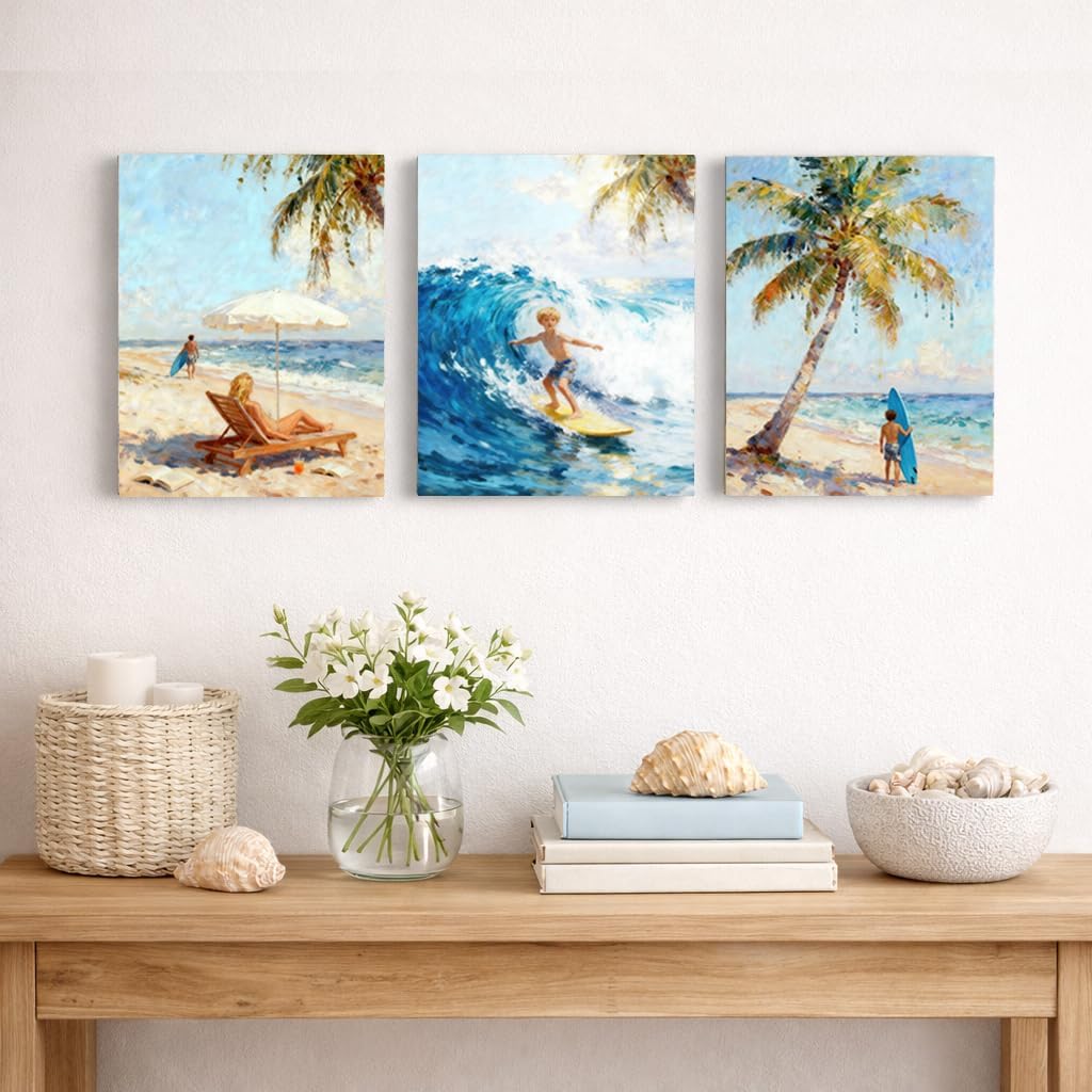 Artiluxy Set of 3 Coastal Beach Canvas Wall Art, 12x16 Inch Ocean Summer Prints, Palm Tree Surfing Seaside Paintings for Living Room Bedroom Home Decor