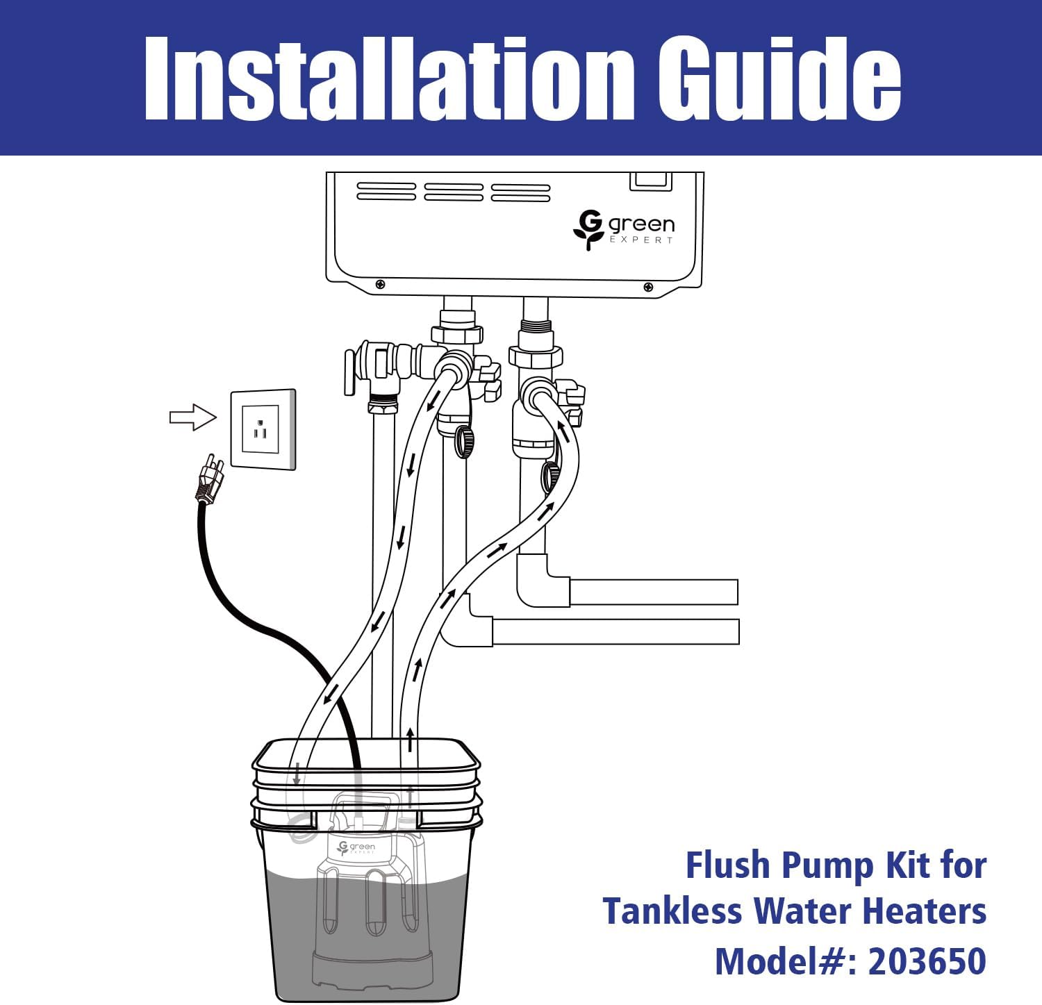 Green Expert Tankless Water Heater Flushing Kit, 1/2HP High-Flow Pump (2500 GPH), 3 Gallon Locking-Lid Bucket, 2×6ft 3/4" GHT PVC Hoses & Wrench, Descaling Maintenance Kit (Descaler Not Included)