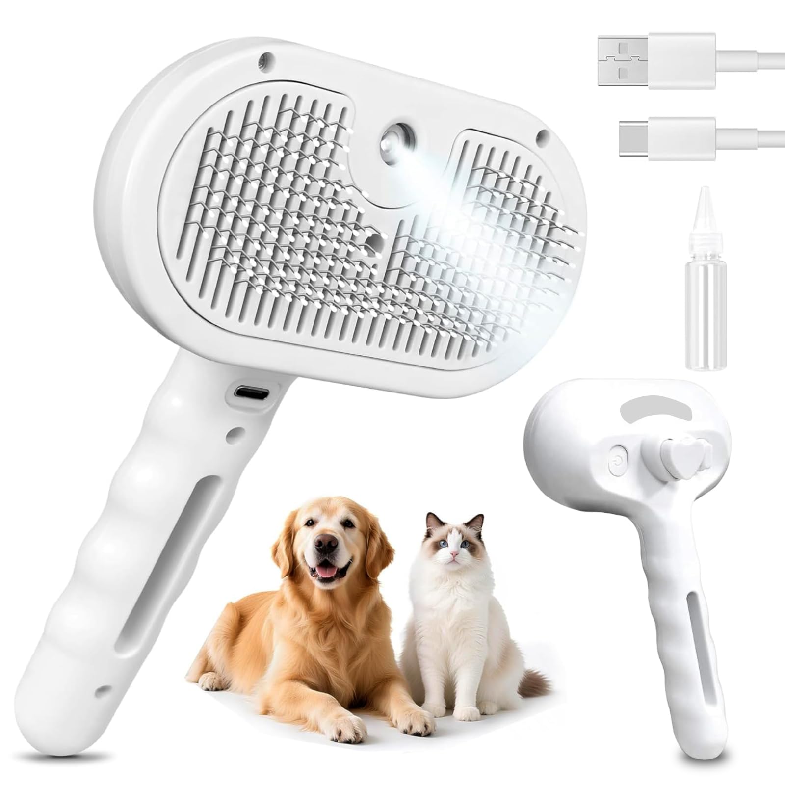 Cepillo de Vapor para Gatos, Cepillo Rociador Multiusos para Gatos y Perros Que Masajes, Belleza, Peluquería, para Todo Tipo de Mascotas de Pelo Largo y Corto, Blanco