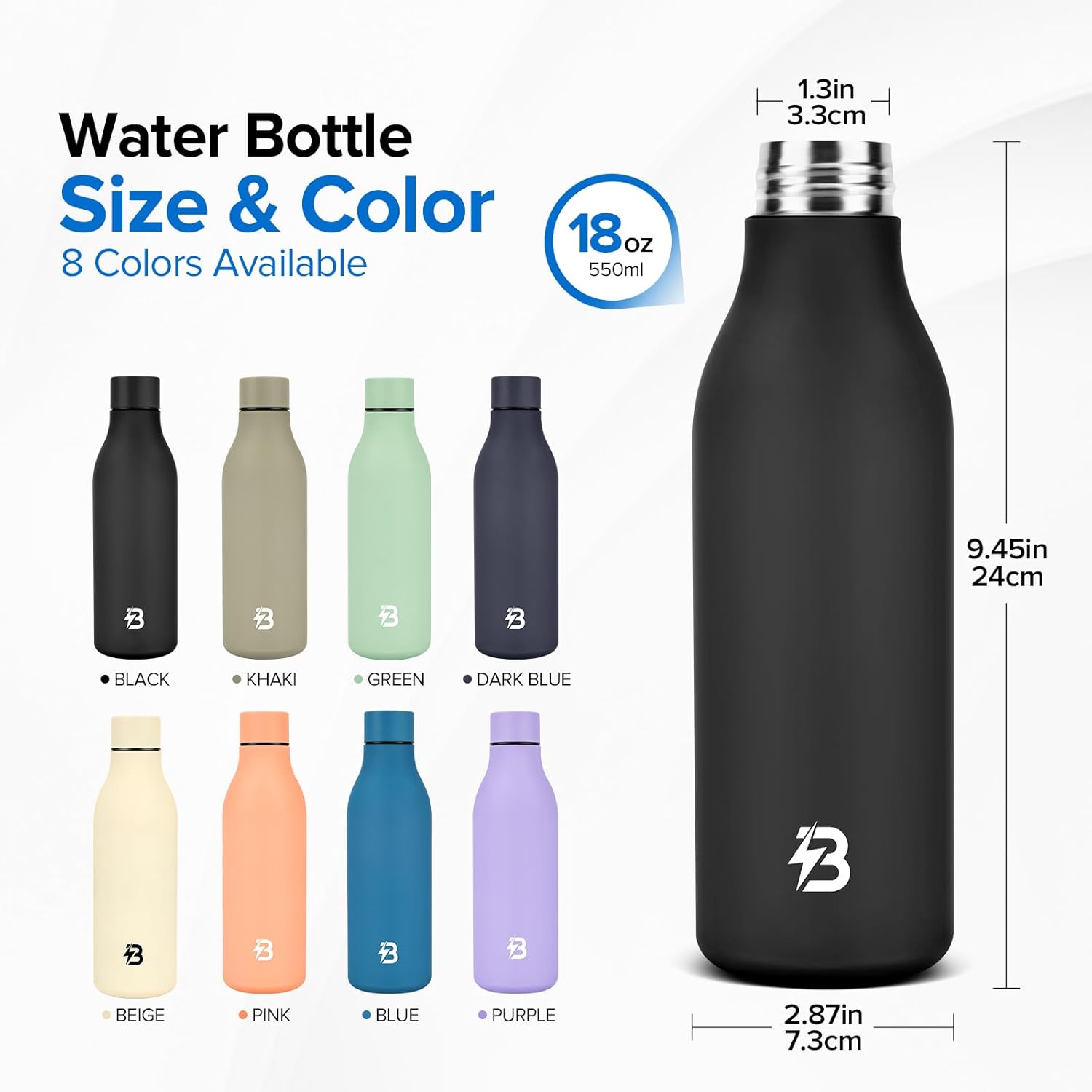 Insulated Metal Water Bottle, 18 oz Stainless Steel Leak-Proof Gym Water Bottle with Lid for Men Women (Black) - Image 4