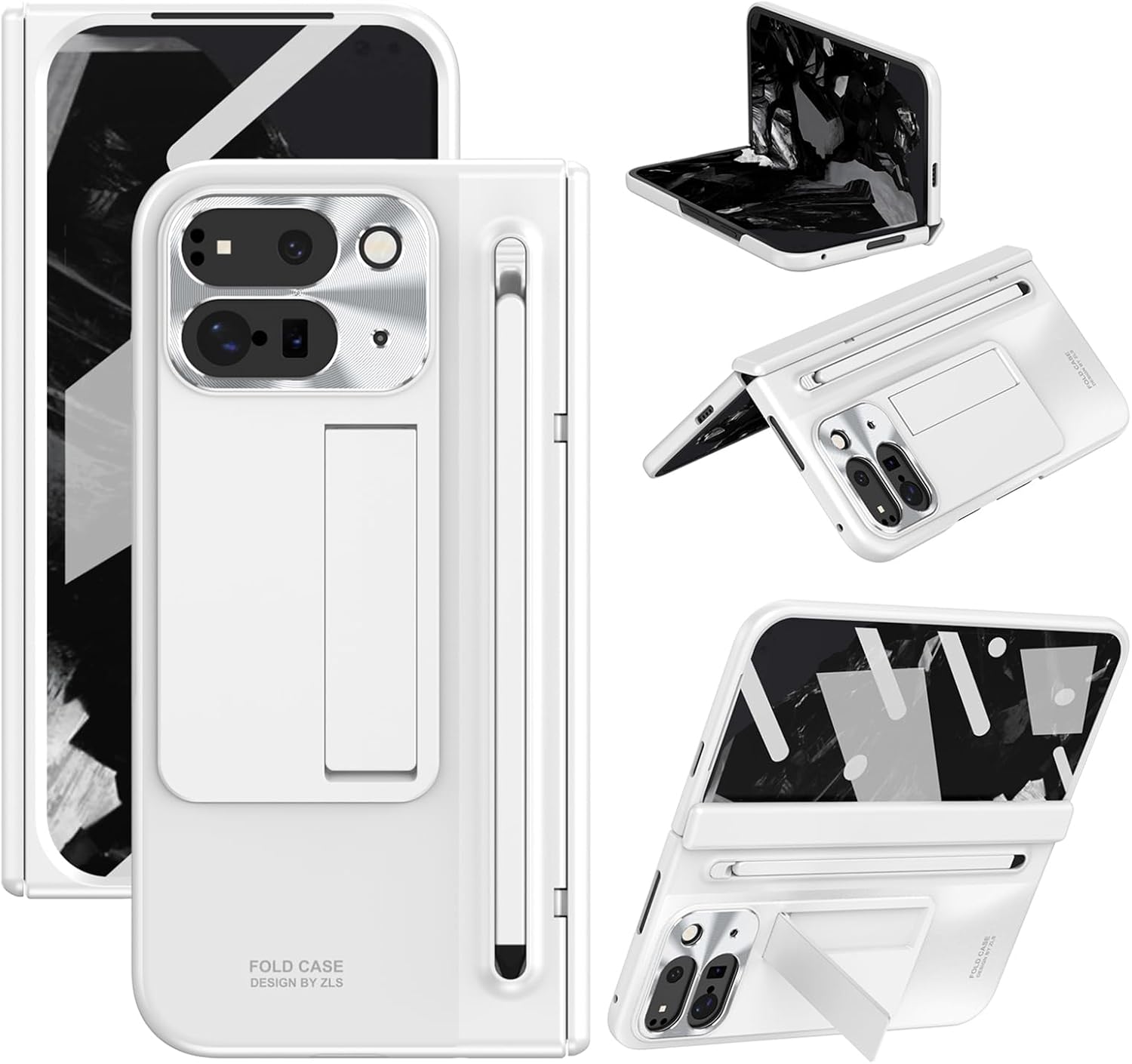 for Google Pixel 9 Pro Fold Case with Pen Holder & Stylus, Slim Phone Case with Kickstand Hinge Protection Screen Protector All-Inclusive Protective Cover for Google Pixel 9 Pro White