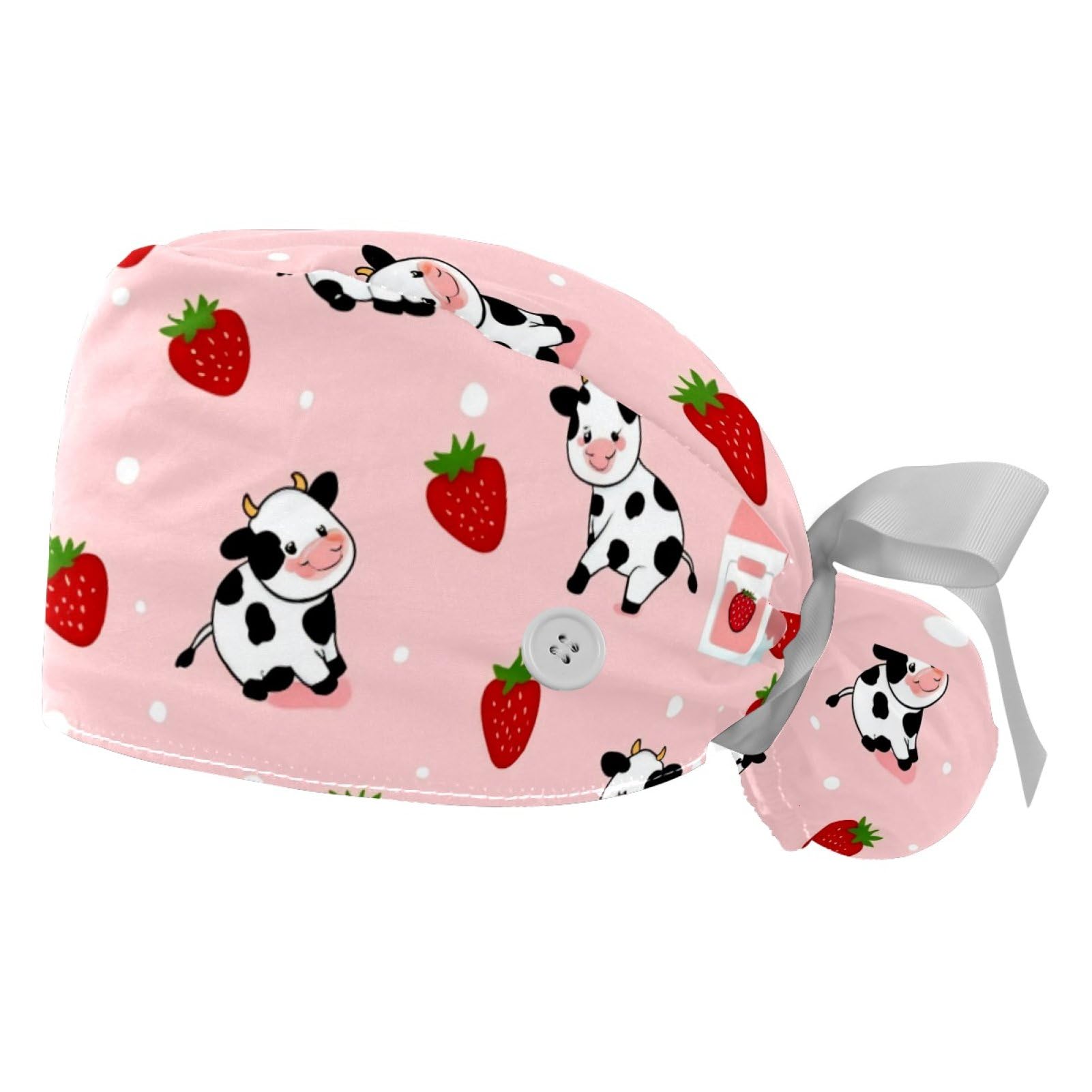 2 PCS Bouffant Cap with Button Ponytail Pouch Working Cap Sweatband Adjustable Surgical Cap Black and White Cow