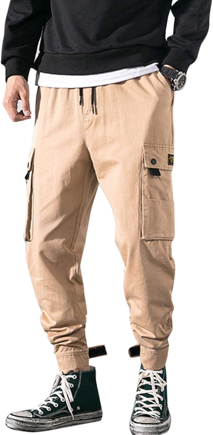 Flygo Men's Tapered Cargo Pants Relaxed Fit Elastic Waist Military Tactical Trousers
