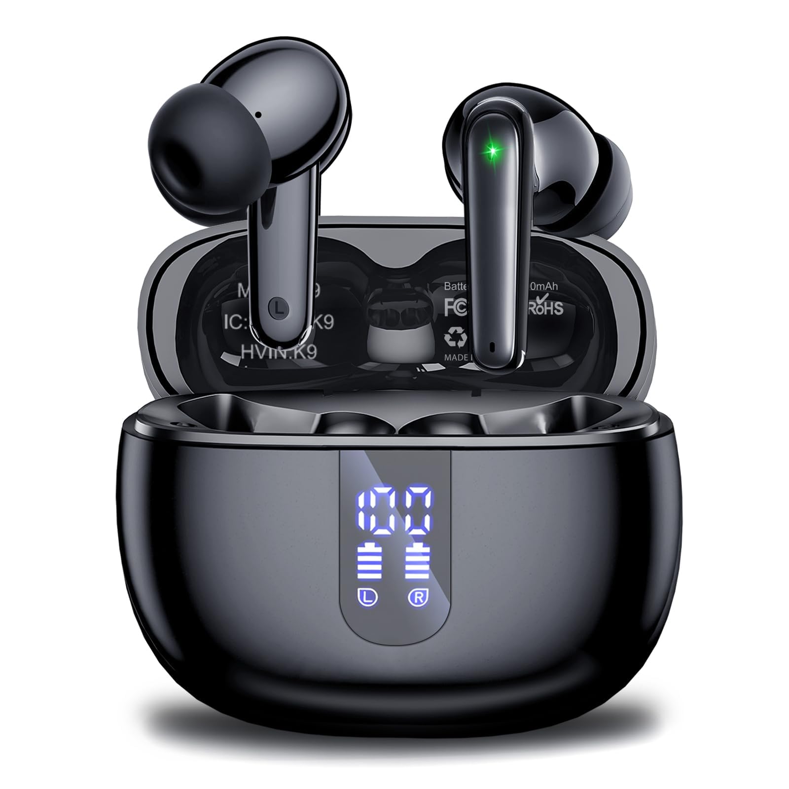 Auricolari Bluetooth senza fili,Auricolari Bluetooth 5.3,40 ore di autonomia con schermo di alimentazione LED, IPX7 impermeabile, con audio stereo Hi-FI,Intraauricolari con microfono, nero