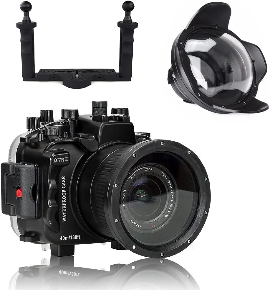 Seafrogs 40m/130ft Unterwater Camera Housing Case w/Wide Angle Dome Port and Two Hands Aluminium Tray for Sony A7III A7RIII a73 a7r3 A7 Mark 3 Protective Hard case for Photography Videography