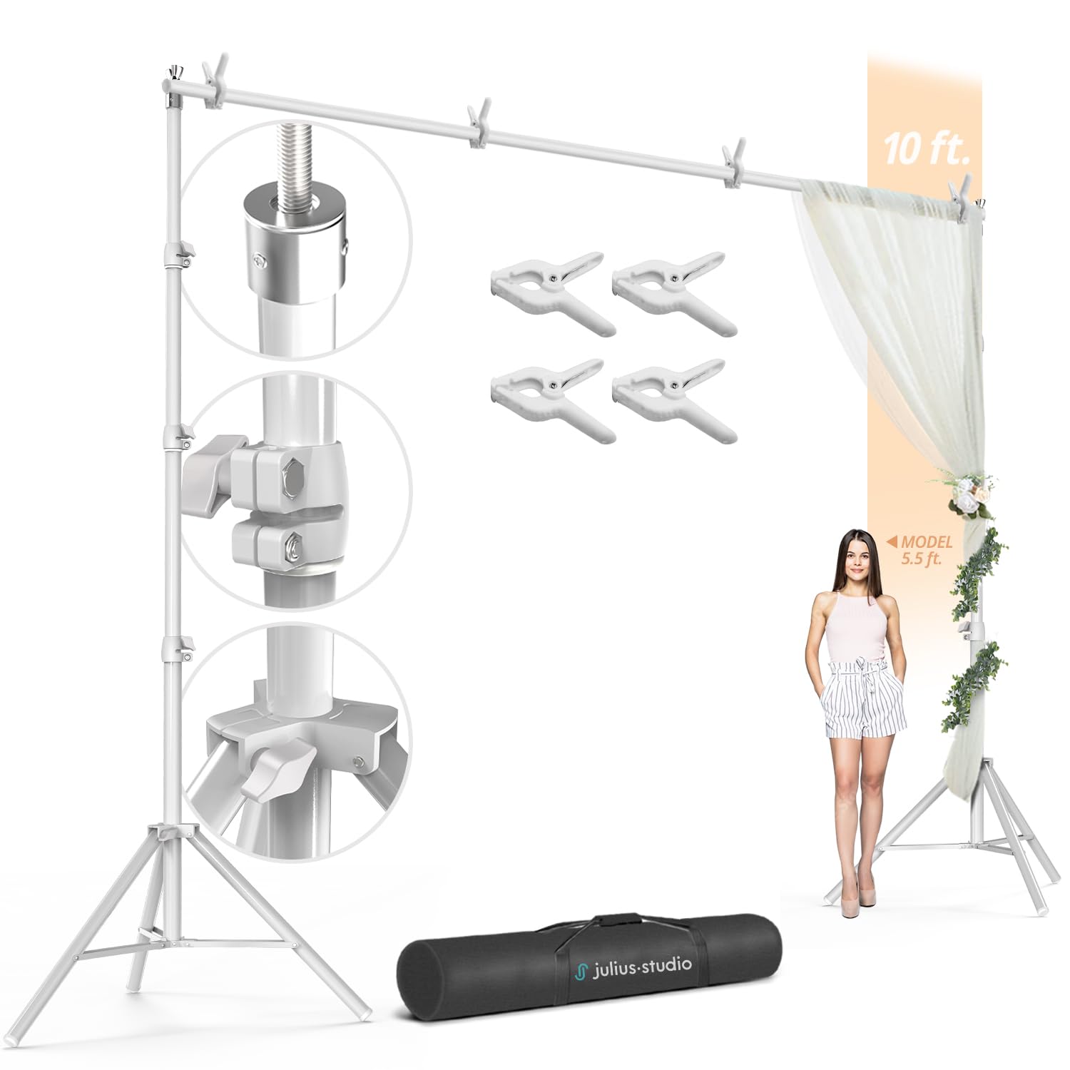 Photo 1 of Julius Studio 10 x 10 feet (New) Heavy Duty Large White Backdrop Stands, Background Support, Metal Cap Head Thicker Joints for Enhanced Stability, White Spring Clamps, Photo Video Studio, JSAG838