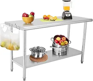 NSF Stainless Steel Prep Table, 60x24 in Heavy Duty Work Table with Adjustable Undershelf, Detachable Trash Bag Holder, Metal Workbench Workstation for Home Kitchen Restaurant