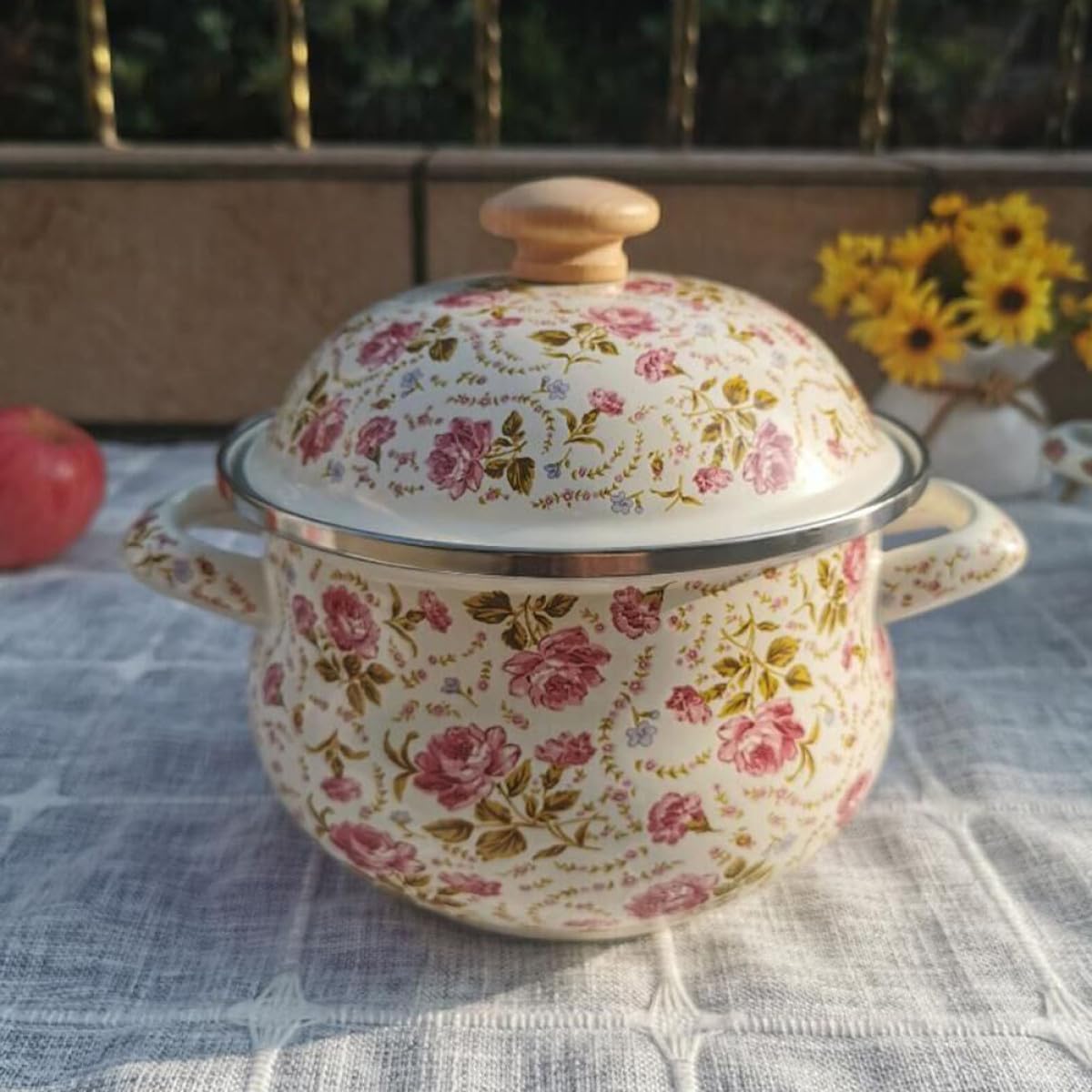 SHERCHPRY Pentola per Zuppa Casalinga in Smalto 18 Cm Doppia Maniglia e Coperchio, Pentola per Brodo Domestica a Fondo Piatto, Utensile da Cucina Pratico per Pasta, Riso e Zuppe