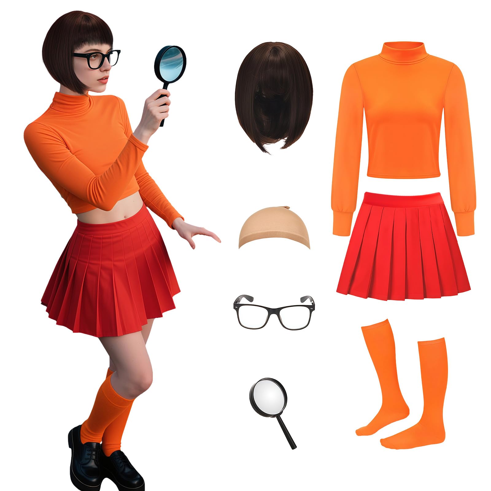 Skknuny 7 PCS Classic Movie Character Costume Orange Outfit Halloween Set for Adults Anime Cosplay Party Dress Up (Orange Costume, 2XL)