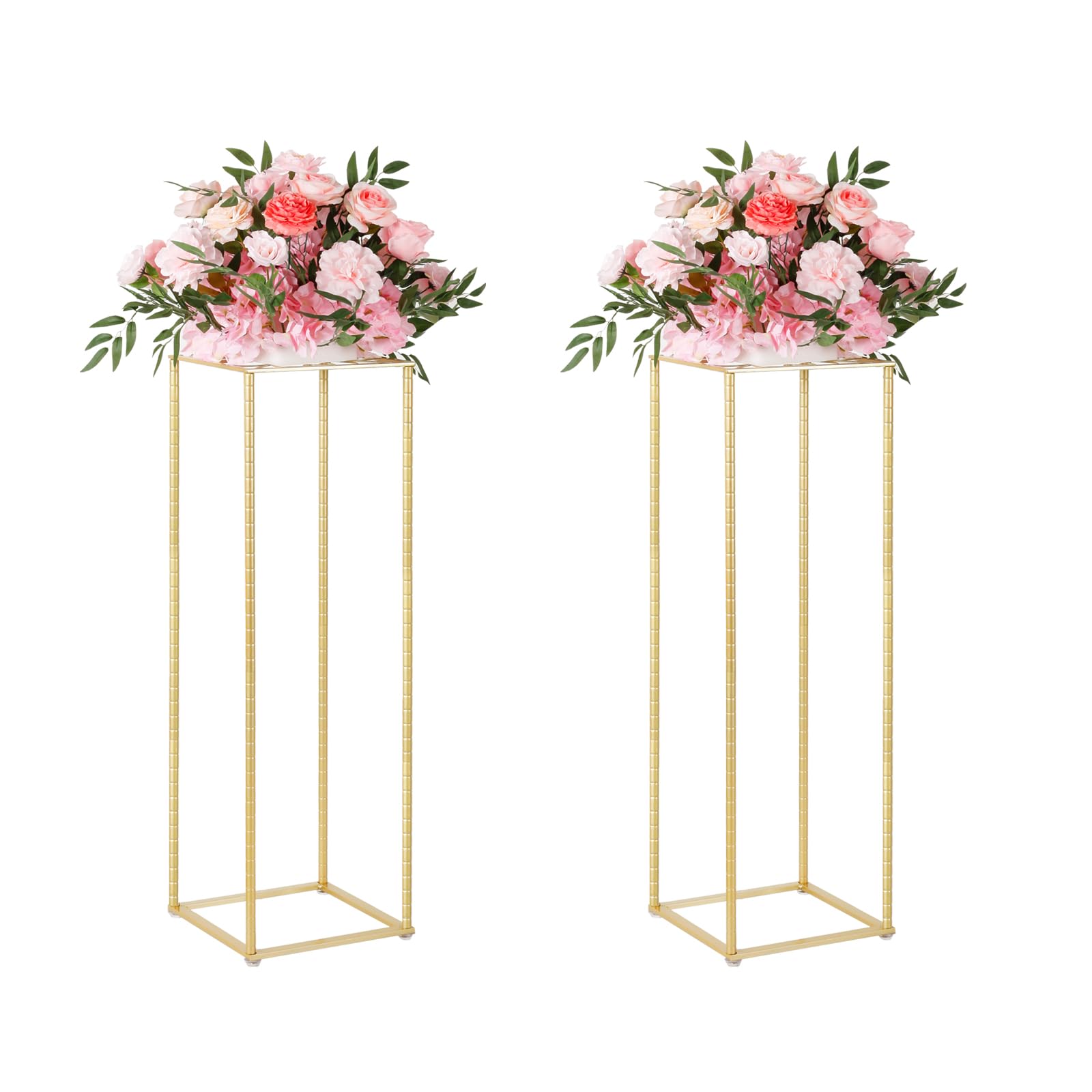2Pcs Gold Flower Stand for Wedding, Metal Column Vases Stand Shiny Gold Wedding Flower Stand, Rectangular Flower Display Rack for Wedding Party Birthday Events Reception (31.5 inch Tall)