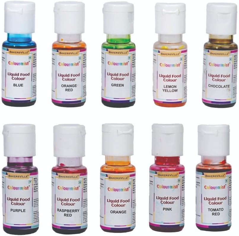 Colourmist Liquid Food Colour Assorted 20 Gm, Pack of 10 Colours (Orange, Blue, Orange Red, Raspberry Red, Purple, Lemon Yellow, Green, Chocolate, Tomato Red, Pink)