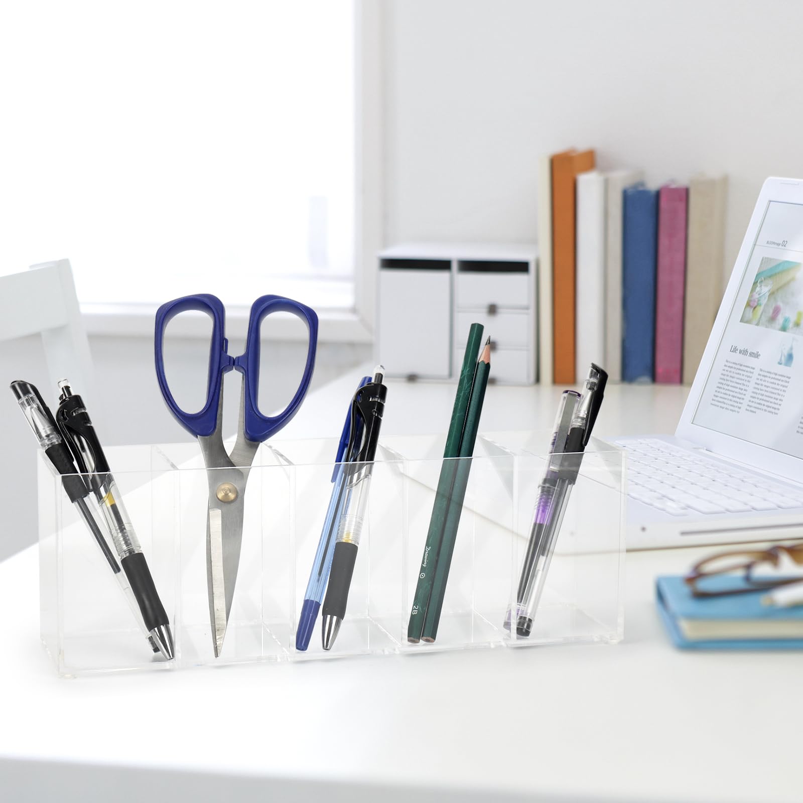 Top-spring Acrylic Pen Pencil Holder, 5 Compartments Clear Desk Organiser for Pens Pencils, Makeup Brushes - Image 2