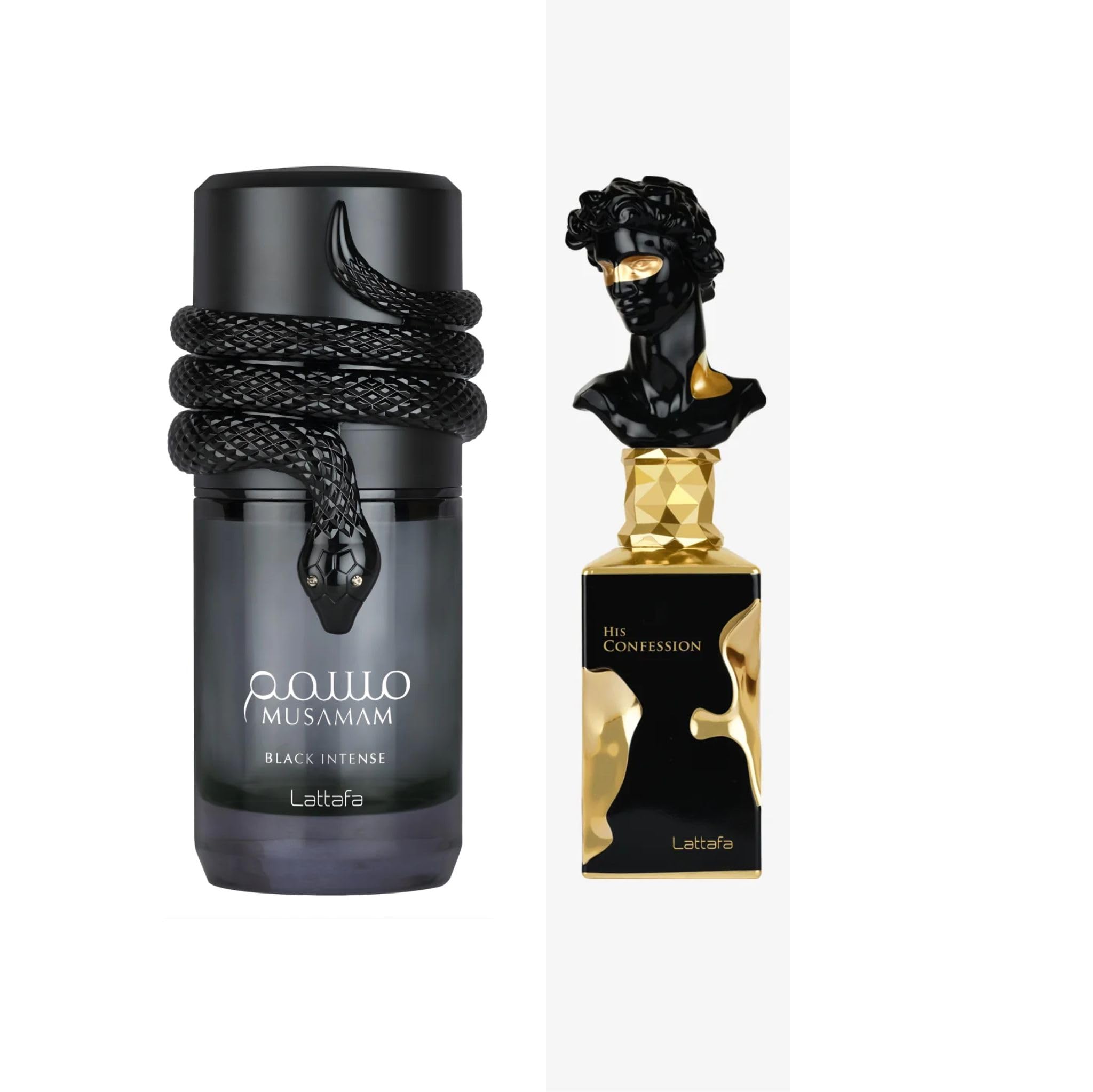Lattafa Musamam Black Intense & His Confession Eau De Parfum Spray for Men – Luxury Arabian Fragrance Duo – Long Lasting Bold & Woody Scent Set (100ml Each)