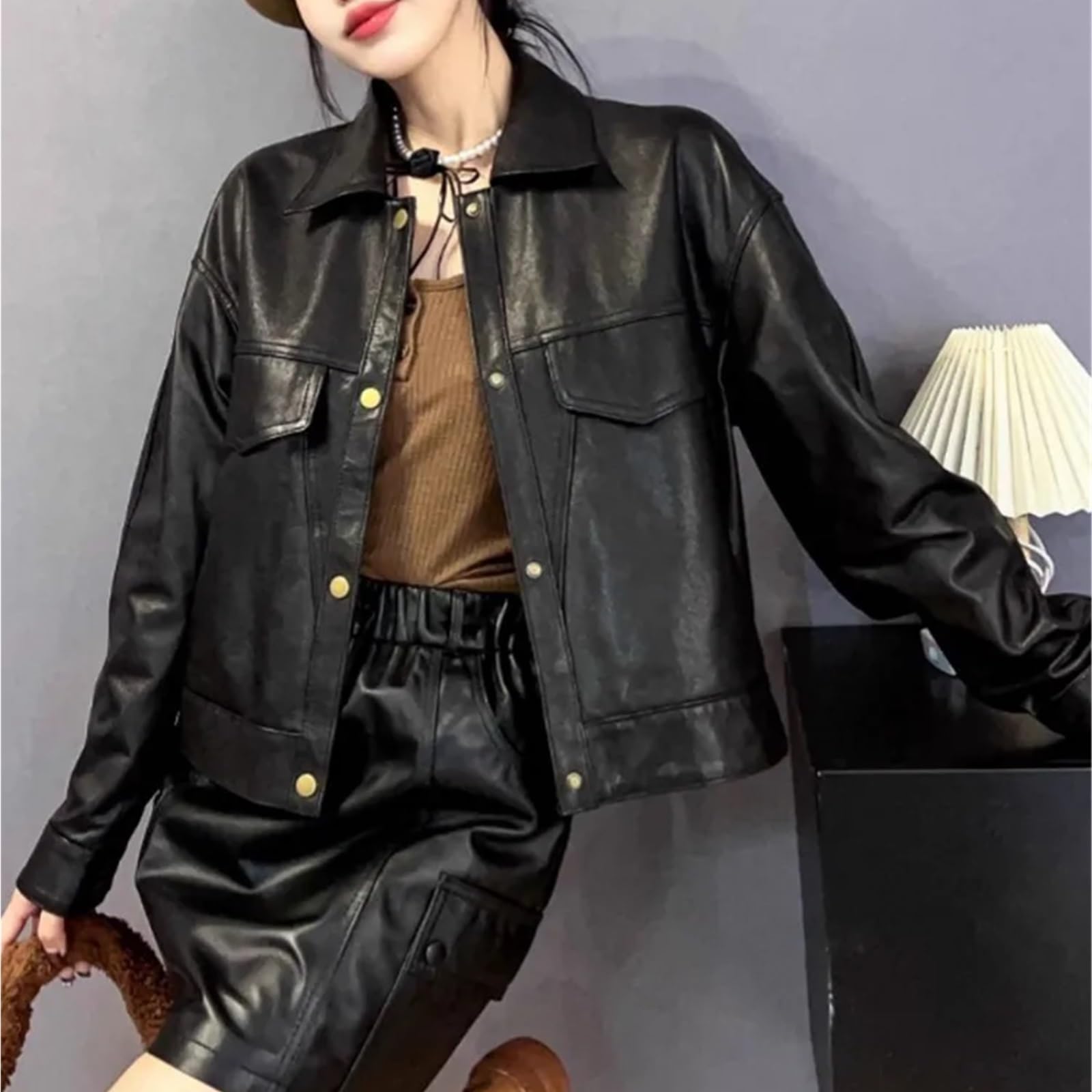 Chaqueta Cuero Mujer Chaqueta de cuero genuino estilo motociclista for mujer, un solo pecho, holgada, con protección contra el aceite y la cera Para salir