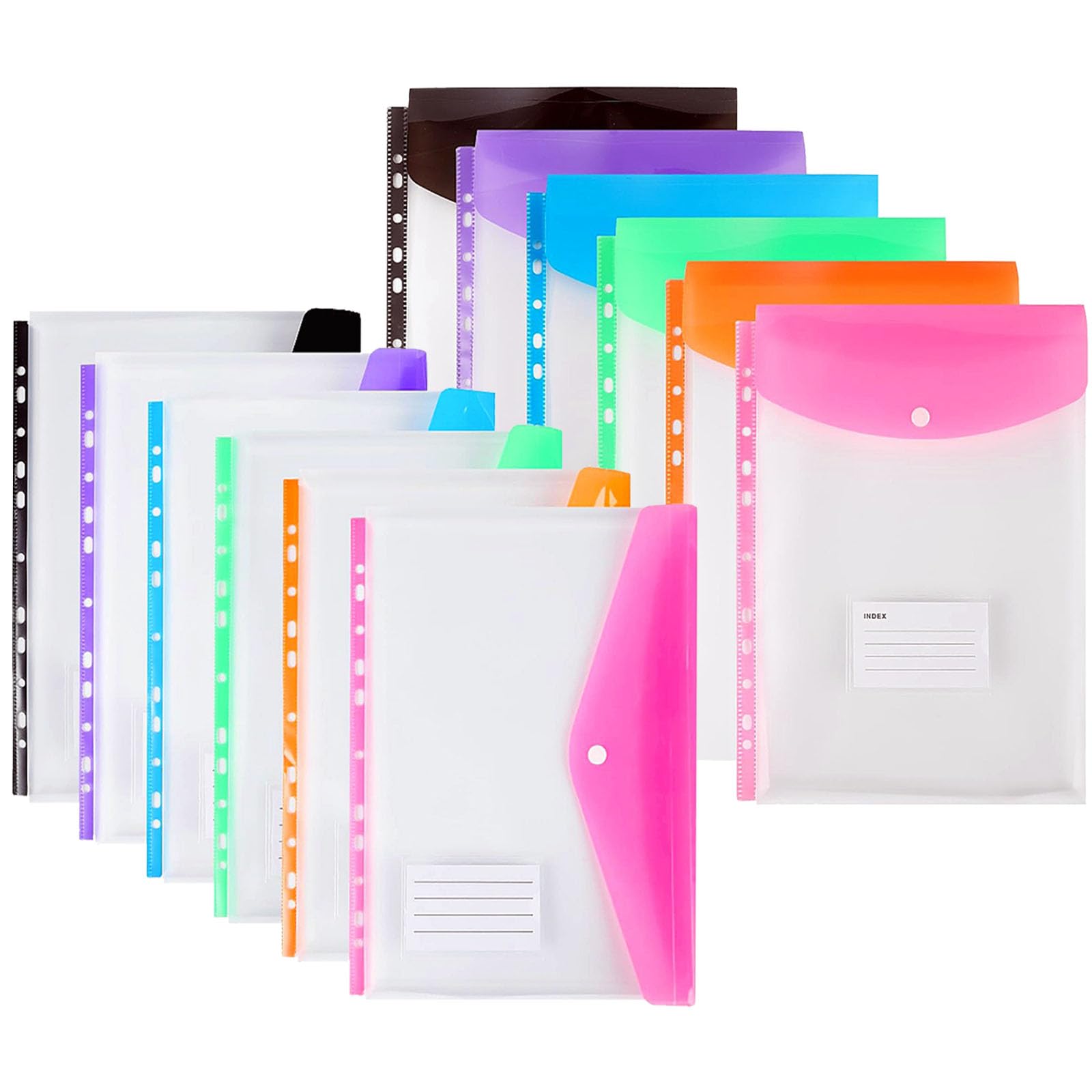 12PCS Plastic Wallets A4 Punched Pockets, 11 Holes Expandable Binder Folders for 2/3/4 Ring Document Files Pouch with Snap Button & Label Loose-Leaf Transparent for Office School Home (T6-S6)