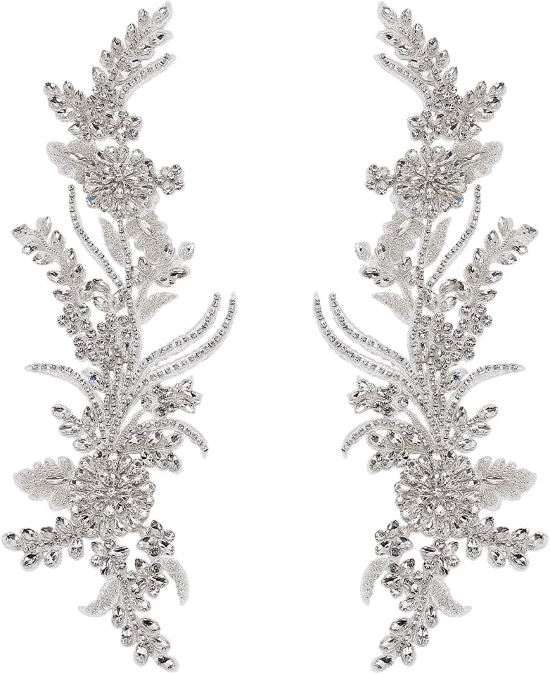 FINGERINSPIRE 1 Pair Rhinestones Lace Applique, 13x4.3x0.2 Inch White Handmade Floral Embroidery Beaded Lace Rhinestone Patch Sewing Beaded Applique for DIY Clothing and Craft Decoration