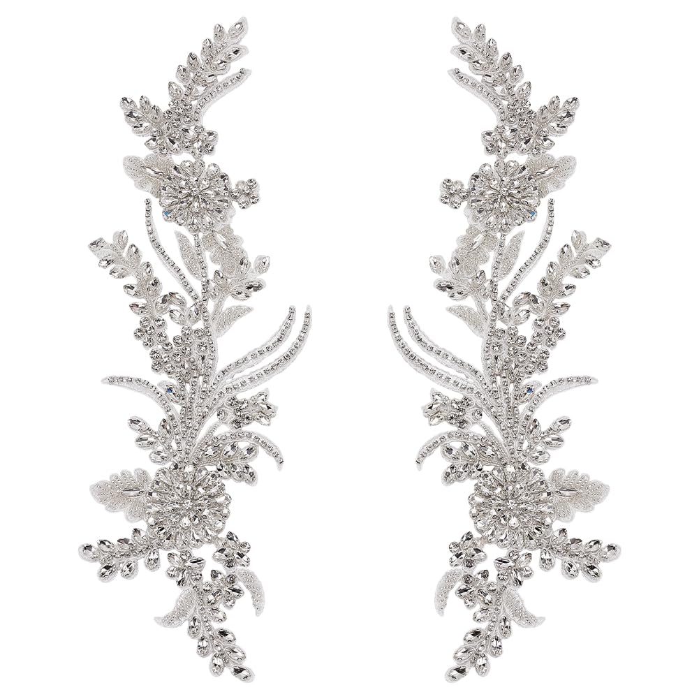 FINGERINSPIRE 1 Paio di Applique in Pizzo con Strass, 330x110x5mm Toppa Ricamata A Mano con Perline in Pizzo e Strass Bianca per Cucire per Abbigliamento Fai da Te e Decorazioni Artigianali