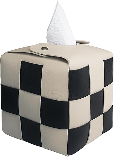 Miniatura 8 de Funda cuadrada para caja de pañuelos de piel sintética con hebilla de metal, caja de pañuelos a cuadros, organizador decorativo para dormitorio,