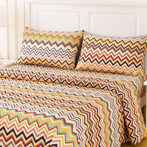 Image of MCO 4Pieces Retro Neon Chevron Sheets Set, Breathable Full Sheet Set with 16 inch Deep Pocket,Modern & Luxury, Brushed Microfiber Bedding Set(Retro Neon Chevron, King)