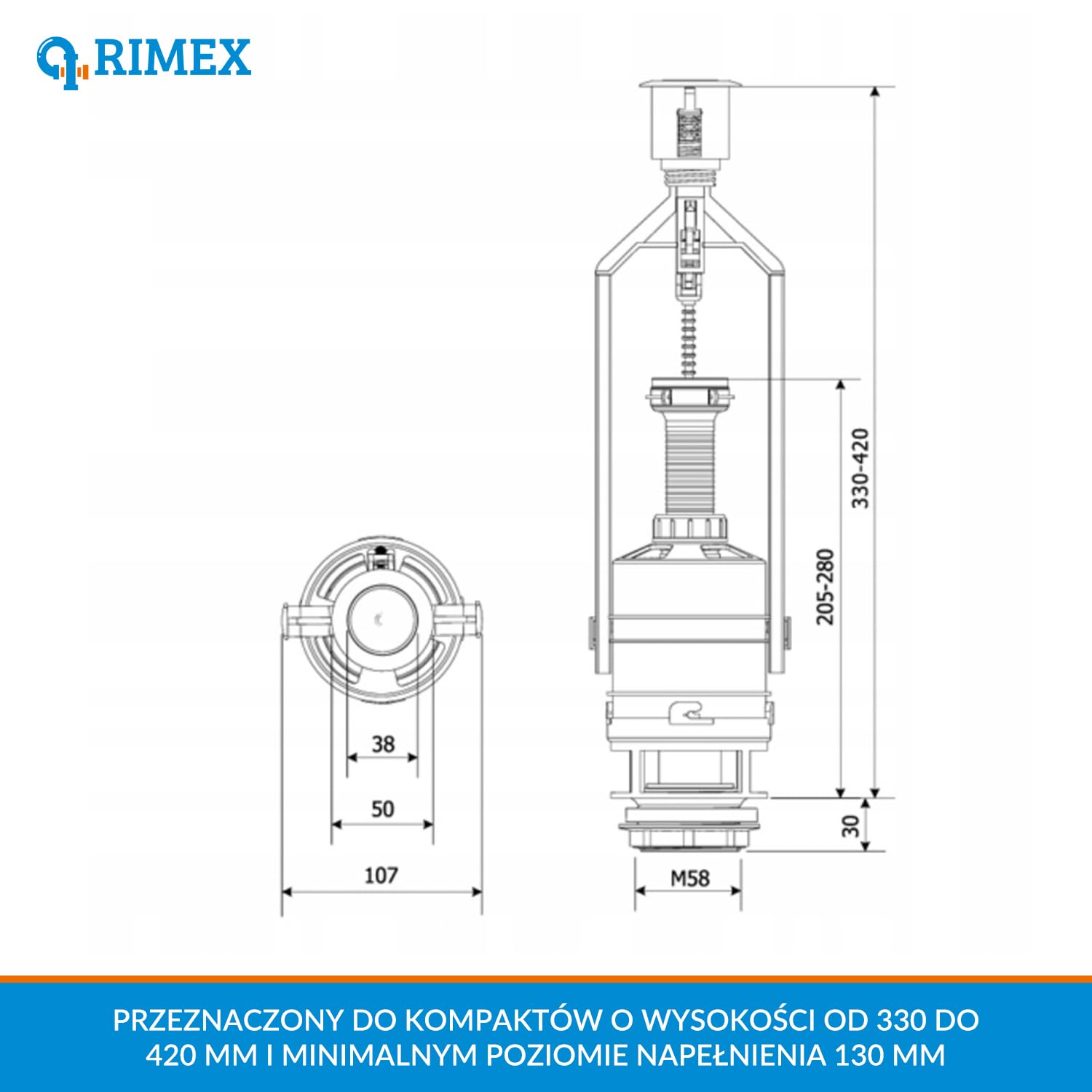 Rimex Zawór Spustowy Spłuczki Toalety 107 mm Zawór Do Spłuczki WC Z Funkcją Stopu Z Zestawem Naprawczym Do Spłuczki Toalety Z Uszczelkami Śrubami