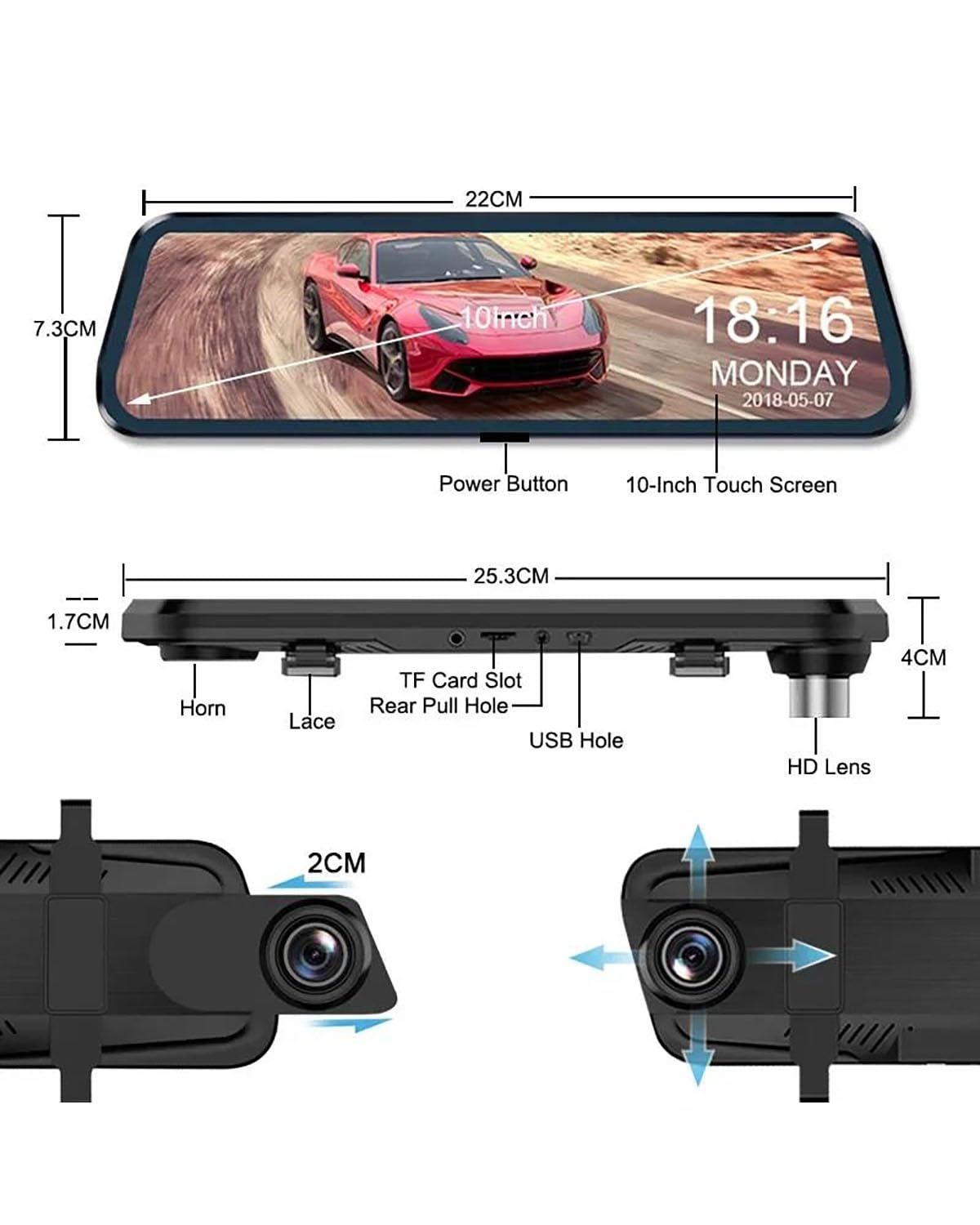 Dash Cam Auto Dashcam DVR con Schermo Touch da 10'' Auto Streaming Multimediale 1080P Doppia Lente IPS Specchietto Retrovisore Telecamera Visione Notturna Dashcam(1080P No WiFi 64G)