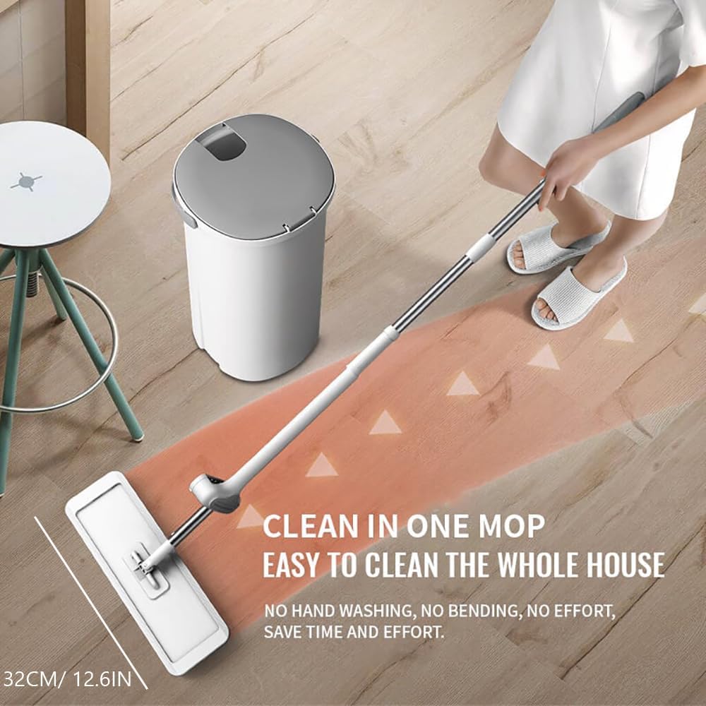 Nexoria Grande serpillère plate auto-lavante, rotative à 360°, serpillère plate avec 3 tampons lavables et long manche en microfibre mains libres pour la maison et la salle de bain, 38 cm
