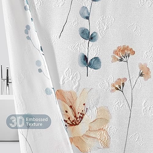 Image of QiyI Watercolor Floral Shower Curtain, 3D Embossed Textured Blue Beige Flower Bathroom Curtain, Modern Minimalist White Cloth Bath Curtain, Waterproof Fabric Shower Curtain Set with Hooks, 72x72 Inch