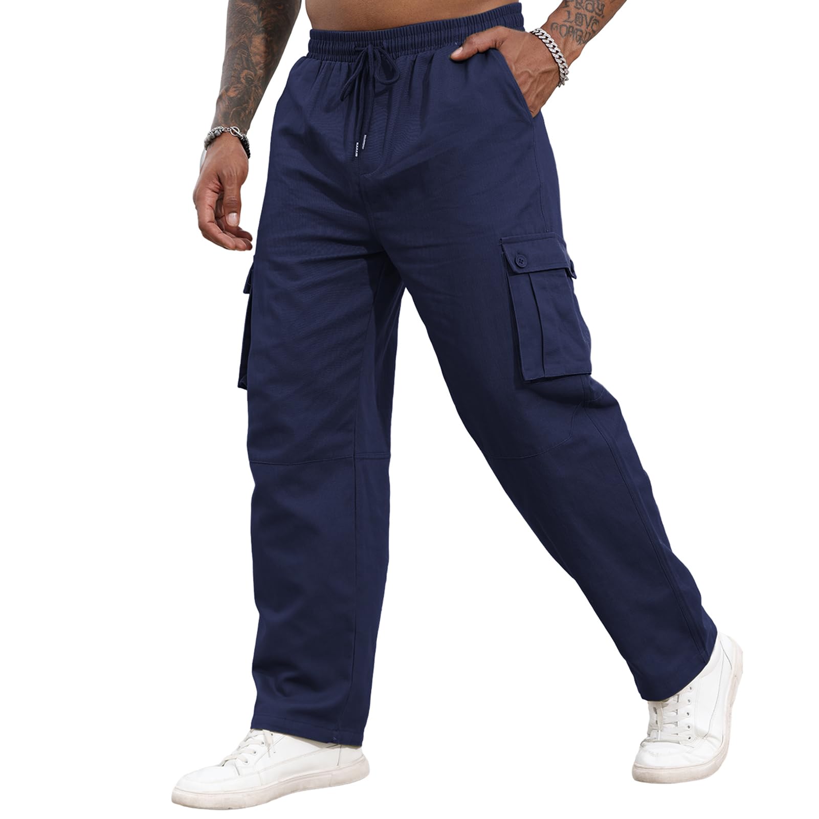 SEGANUPMens Casual Cargo Pants Joggers Elastic Waist Stretch Drawstring Relaxed Fit Hiking Trousers with Multi Pockets