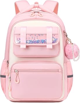 Backpack for Girls,Elementary Kids School Bag,Middle Students Teen Girls Backpack,Kawaii Book bag ages 6-12 Pink White