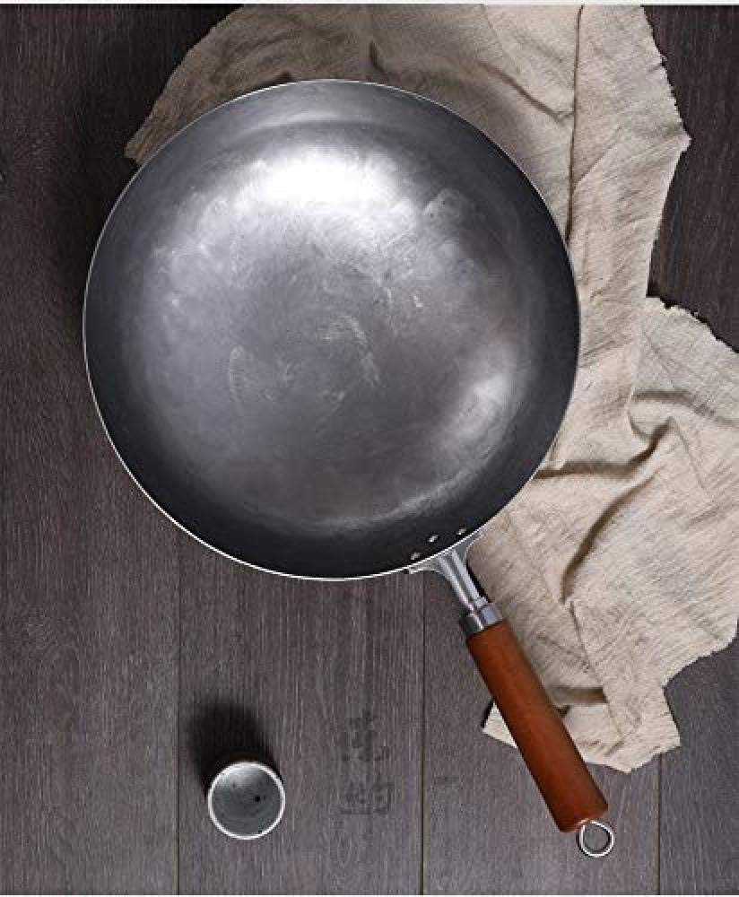 Wok Chinois Non revêtu, forgé à la Main, en Acier au Carbone, avec Manche en Bois et Anneau de Levage (Fond Rond), 34 cm