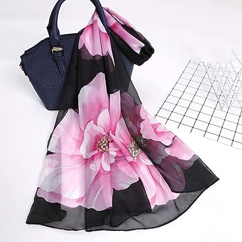 【eL×ONE】Flower Large Scarf E-Clover Women Soft Floral Print Shawl Chiffon Sheer Scarf