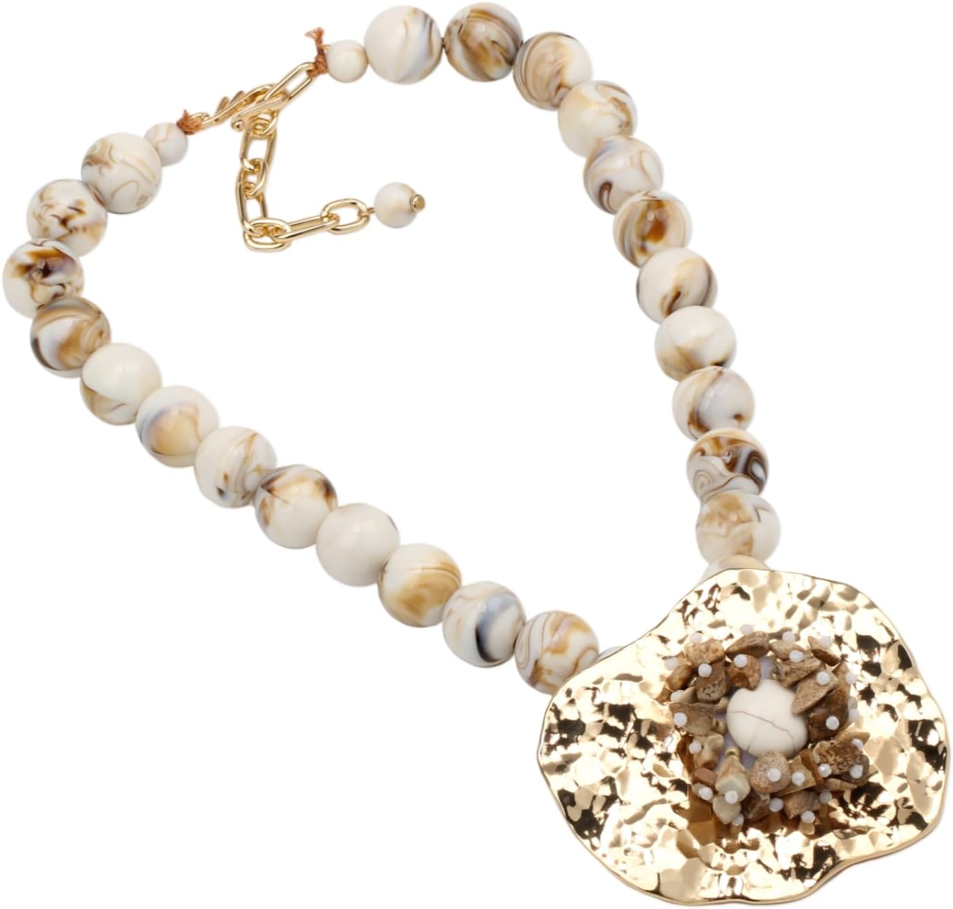 Gold Color Metal Pendant Necklace for Women Stone Simulated Pearl Wood Bead Bold Chunky Statement Fashion Ethnic Jewelry - Image 5