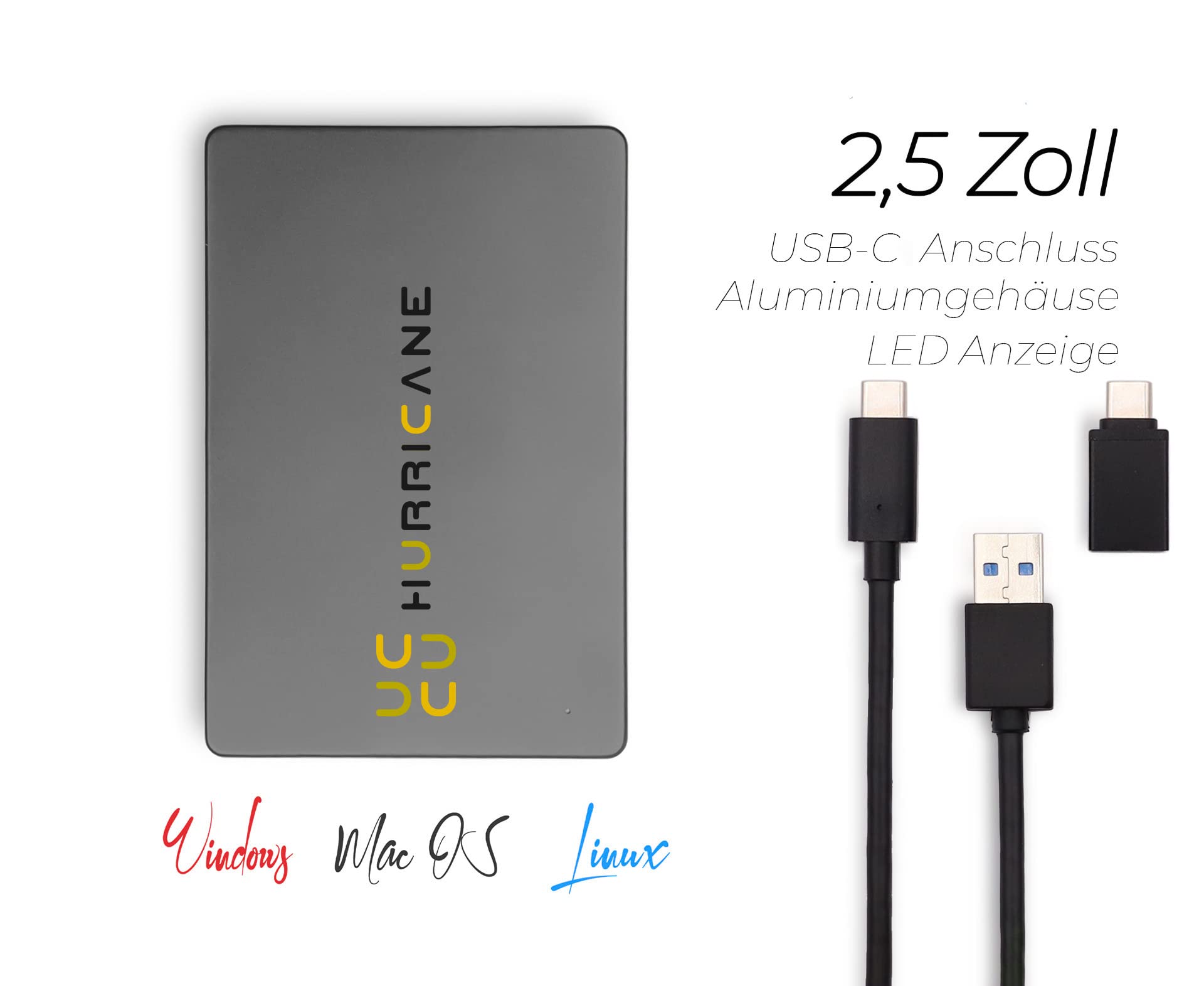 HURRICANE MD25C3 Externe Festplatte 1TB 2,5" USB-C Speicher für Fotos TV PC Laptop PS4 PS5 Xbox kompatibel mit Windows Mac Linux - grau