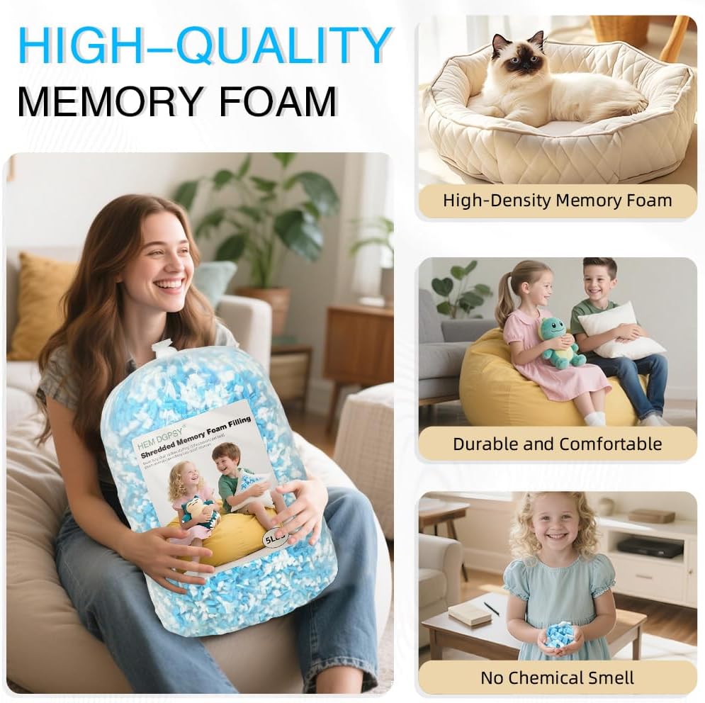 Hem Dgpsy Shredded Memory Foam Filling - Premium Soft Bean Bag Filler, 5lbs Blue & White Pillow Stuffing for Couch Cushion, Dog Bed, Chair - High Density, No Chemical Smell, Easy to Use - Image 4