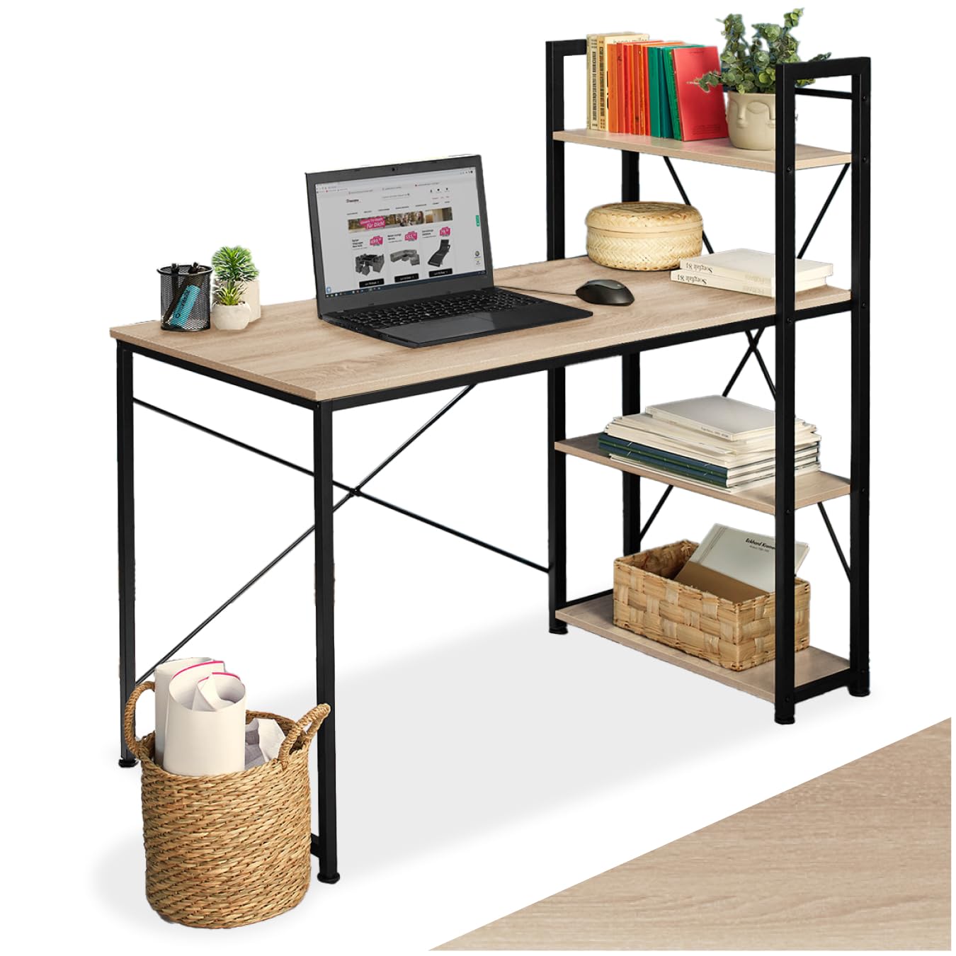 tectake® Computer Desk with Black Steel Frame & Durable Wooden Tabletop, Home Office Desk with Storage Shelf, Ideal as Living Room, Home Office & Study Table, 122 x 61 x 120 cm - Light Brown — image 1