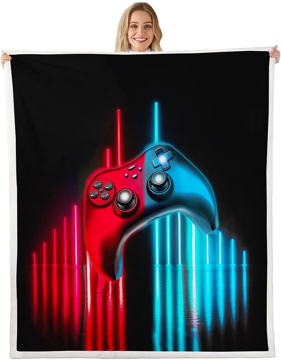 Boys Gaming Fleece Blanket, Video Game Player Throw for Kids Teens, Sherpa Room Decor, Red Blue Black Classic Modern Gamer Blanket for Couch Sofa Chair, Twin 60"x80"