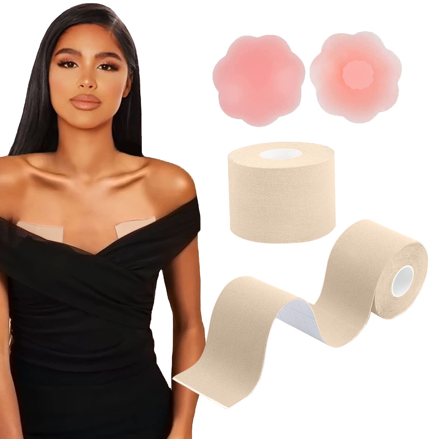 HHOOMYBoob Tape,Bob Tape for Large Breasts,Booby Tape for Women Invisible Strapless Body Tape Breast Lift Tape Bra Chest Support Tape with 2pcs Reusable Silicone Nipple Covers (2 Rolls)