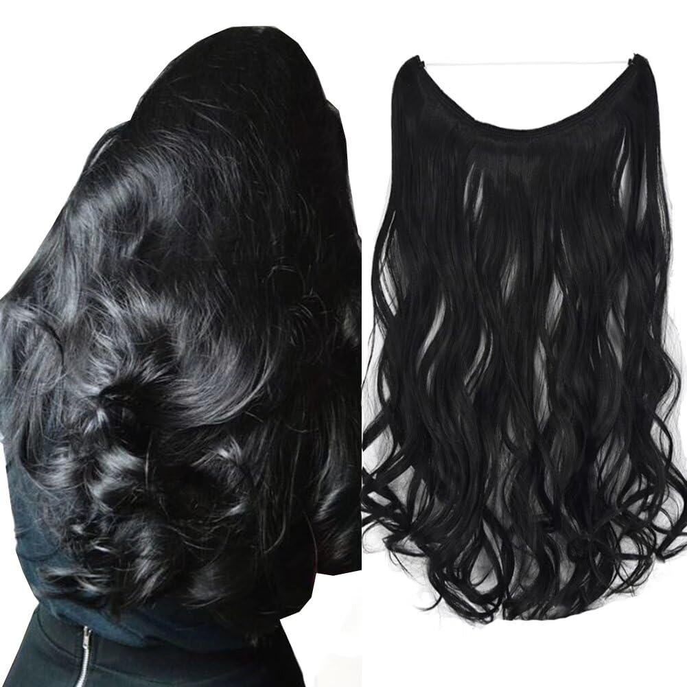 LaLuLoLi Natural Black Color Curly Hair Extensions Wavy Synthetic Hair Piece for Women 18inch 80grams Fish Line Secret Invisible Hidden Wire Hair Extensions for Women Girl #1BJ