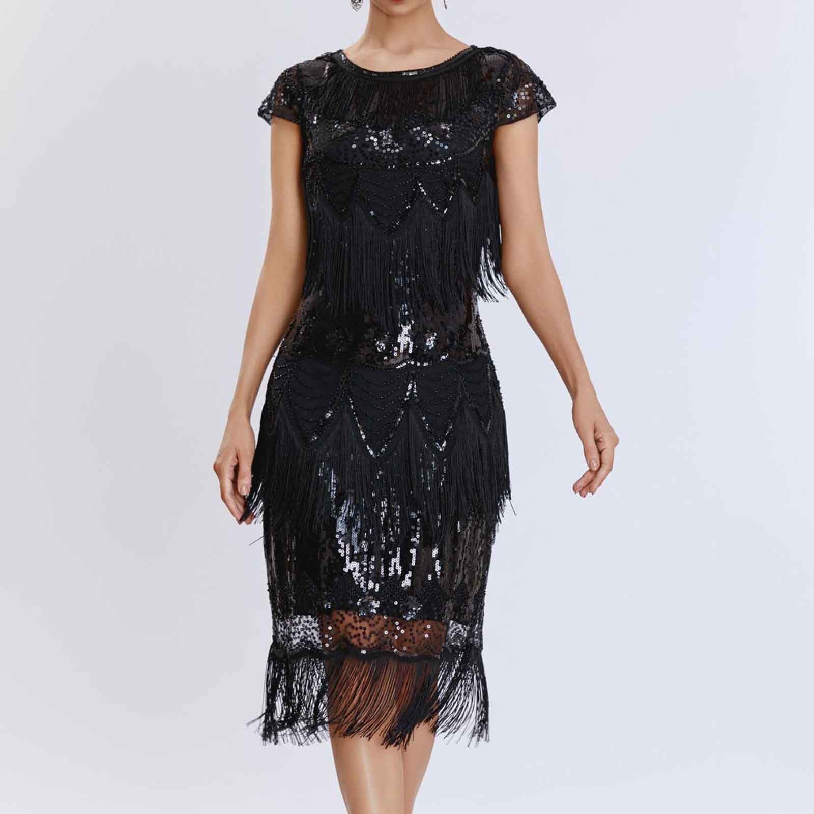 HAOLEI Abito da Donna Anni ‘20 Abito da Donna Sexy con Spacco Lungo Elegante a Tracolla Scollo a V Profondo con Paillettes Vestito Cocktail da Sera Estivo