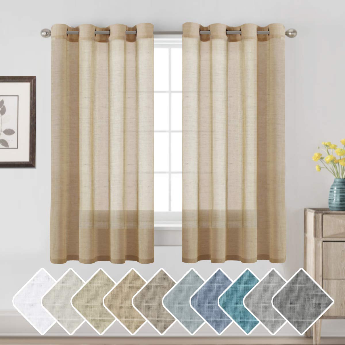H.VERSAILTEXNatural Linen Rich Quality Curtain Semi-Sheer Privacy Protection Home Fashion Multi Size 52x63 - Inch/Nickel Grommet Top Linen Curtain Panels Indoor Curtains (Set of 2, Taffy)