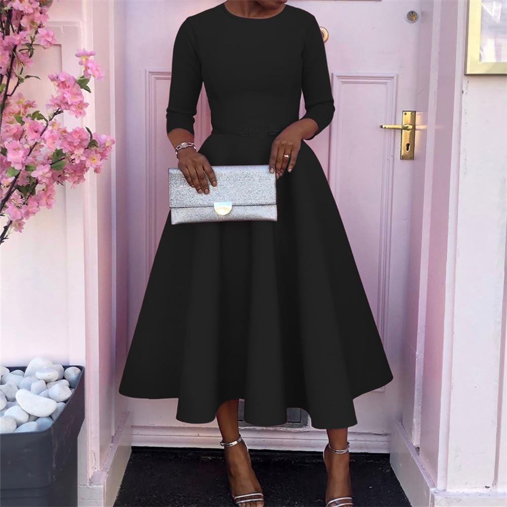 Womans Thick Round Neck Long Sleeve A-Line Casual Party Maxi Dress - Image 5